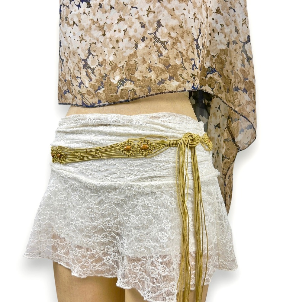 2000s Macrame String Belt Wood Beads Lace Up Boho Prairie Fairy Earthy OS